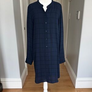 Eileen Fisher Navy Checkered Long Sleeve Shirt Dress